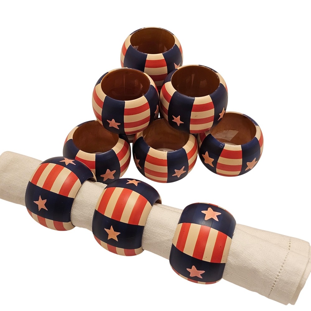 12pc Patriotic Americana Wooden Napkin Rings Stars and Stripes Red White Blue